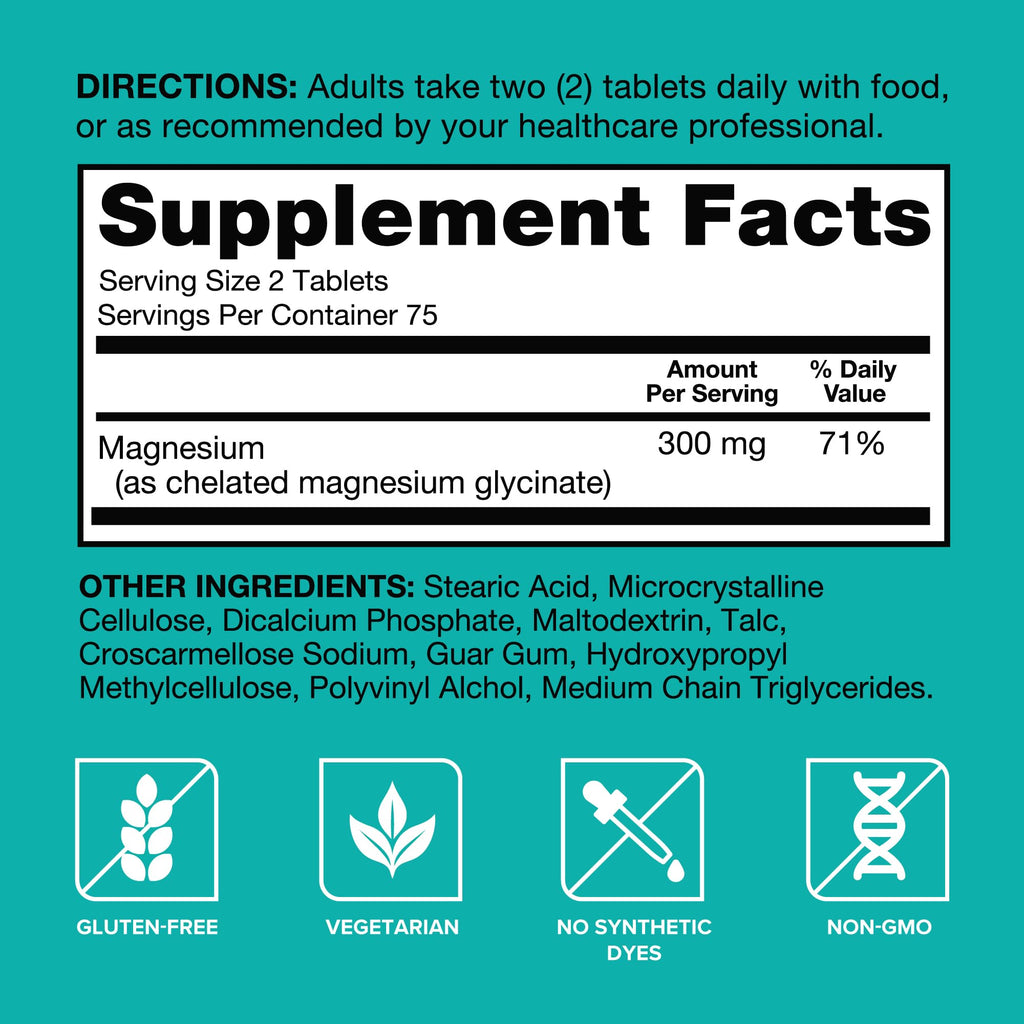 Qunol Magnesium Glycinate Tablets 300mg, 100% Chelated, Gluten-Free, 150ct | Support Nerve, Bone & Muscle Health, Cognitive Performance, Healthy Stress Response, Restful Sleep; Vegetarian, Non-GMO