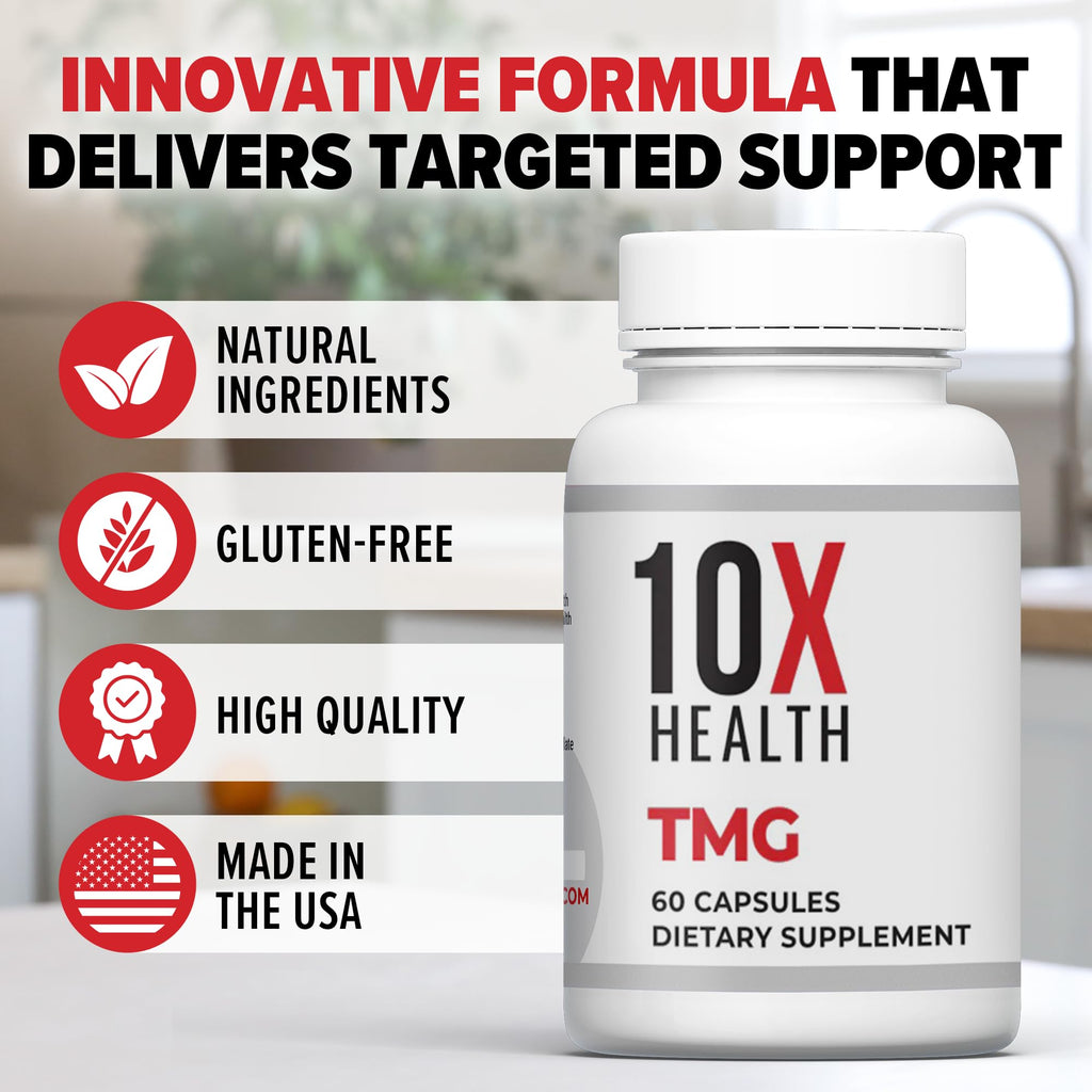 10X Health Tmg Supplements - 60 Capsules | Trimethylglycine: Betaine Anhydrous, Liver & Heart Support, Non-GMO & Gluten-Free