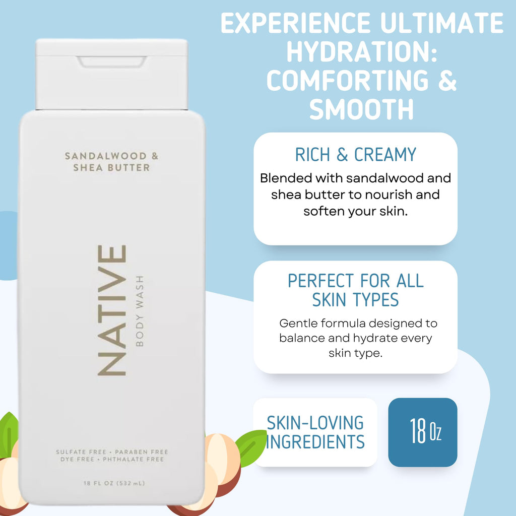 Buy now Native Body Wash, 2 Pack - Sandelwood and Shea Butter & Sea Salt and Cedar 18oz Clean Body Cleanser, Sulfate-Free, Paraben-Free Formula for All Skin Types at indiglob india