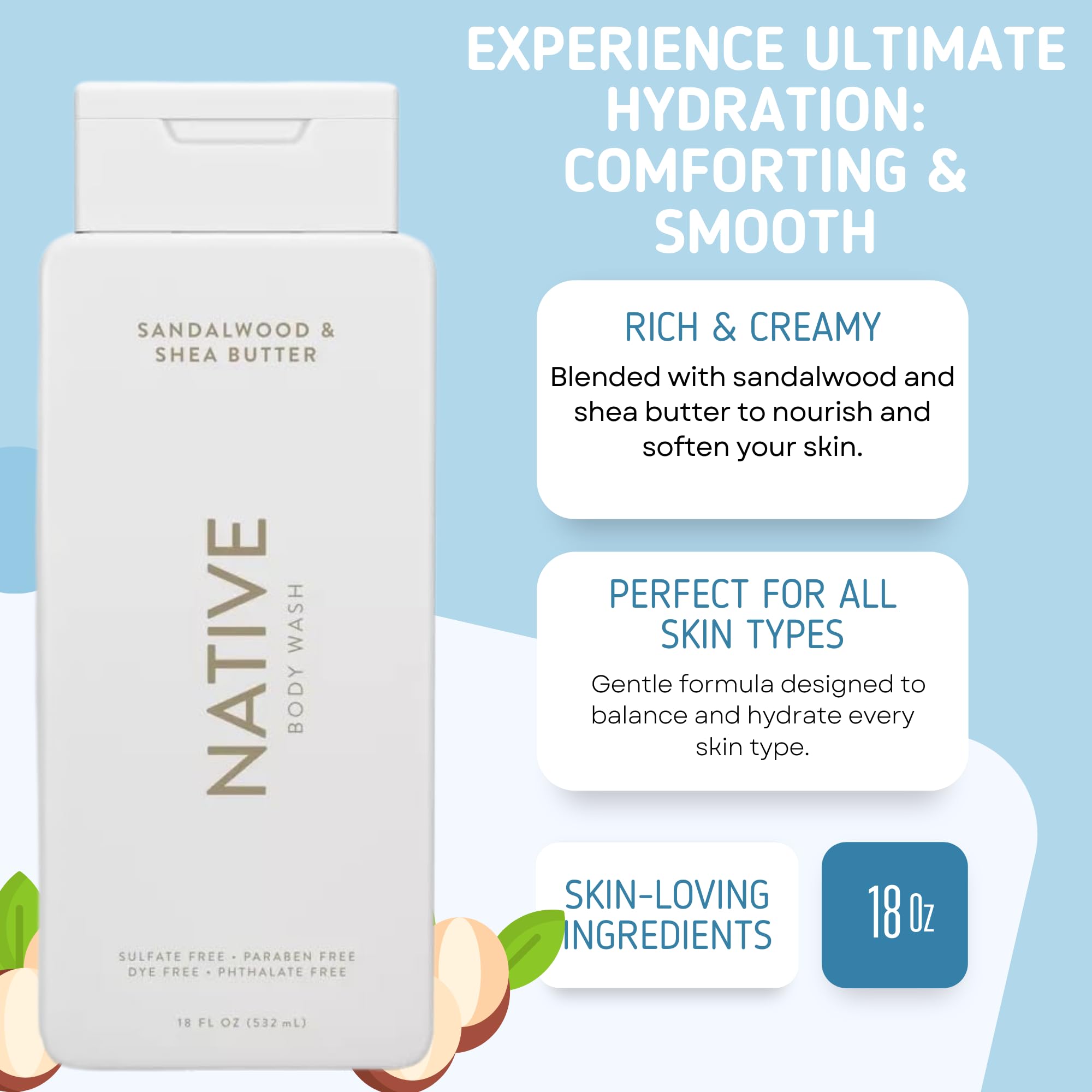 Buy now Native Body Wash, 2 Pack - Sandelwood and Shea Butter & Sea Salt and Cedar 18oz Clean Body Cleanser, Sulfate-Free, Paraben-Free Formula for All Skin Types at indiglob india