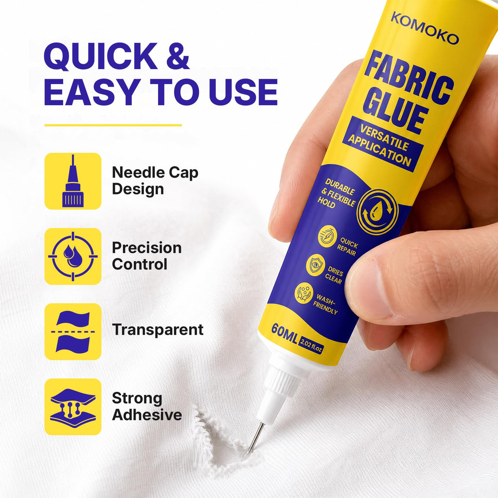 Komoko Fabric Glue Permanent (2.02 Fl Oz), Fabric Glue for Clothing, Patches, Denim, Polyester, Fabrics, Doll Repair, Flannel, Cotton, Multipurpose Clear Glues, Tacky Glues