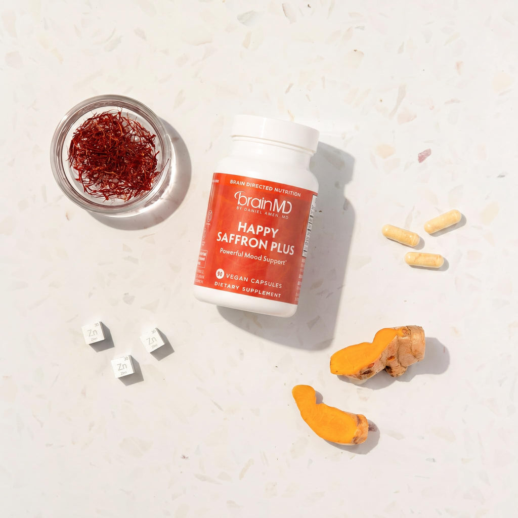 BRAINMD Dr Amen Happy Saffron Plus - 90 Capsules - with Saffron Flower Extract, Curcumin & Zinc - Vegan, Gluten Free - 30 Servings | 30 Servings