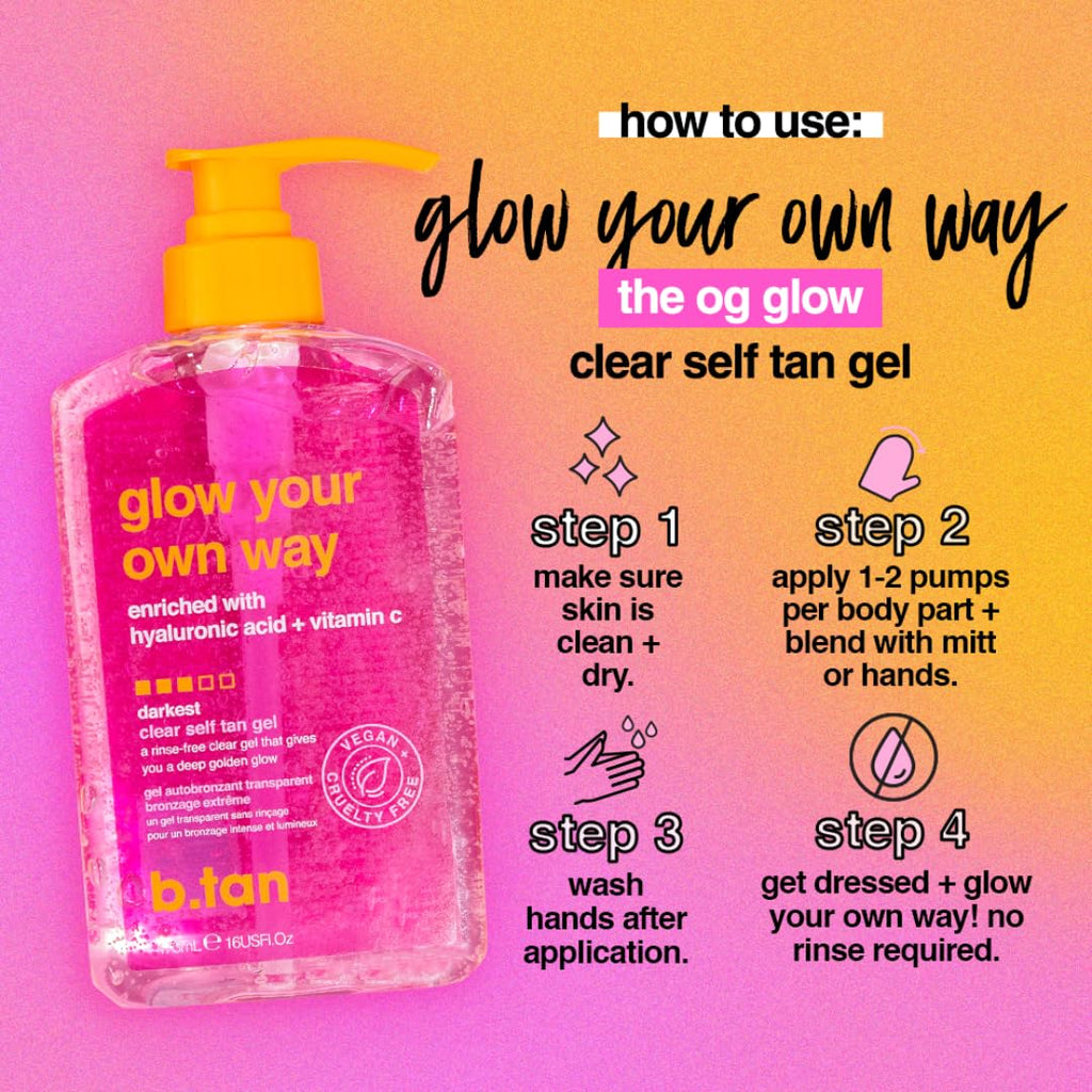 b.tan Dark Clear Self Tan Gel | Glow Your Own Way - Best Transfer Resistant, Ultra Quick Bronze, Gradual Sunless Tanning Lotion, Deep Moisturizer, No Fake Tanner Smell, 16 Fl Oz