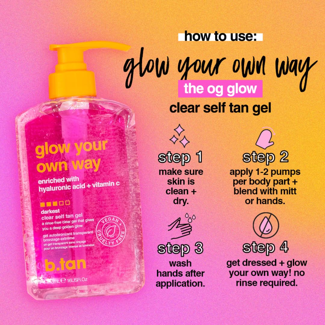 b.tan Dark Clear Self Tan Gel | Glow Your Own Way - Best Transfer Resistant, Ultra Quick Bronze, Gradual Sunless Tanning Lotion, Deep Moisturizer, No Fake Tanner Smell, 16 Fl Oz