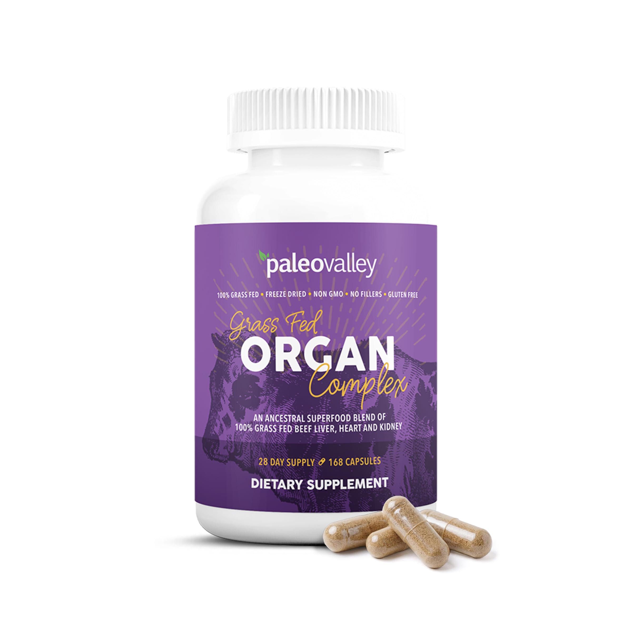 Paleovalley 100% Grass Fed Organ Complex, Beef Liver, Heart and Kidney | Whole Food Multivitamin, Vitamin B12 Supplement, Nutrient Dense Superfood, Freeze Dried, Pasture Raised, Ancestral Nutrition
