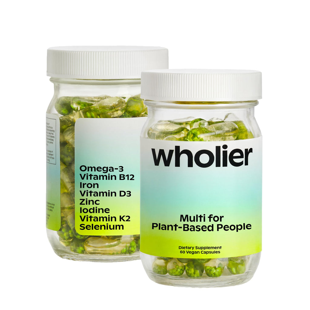 wholier Multi for Plant Based People Vegan DHA Omega 3 B12 Iron 60 Capsules