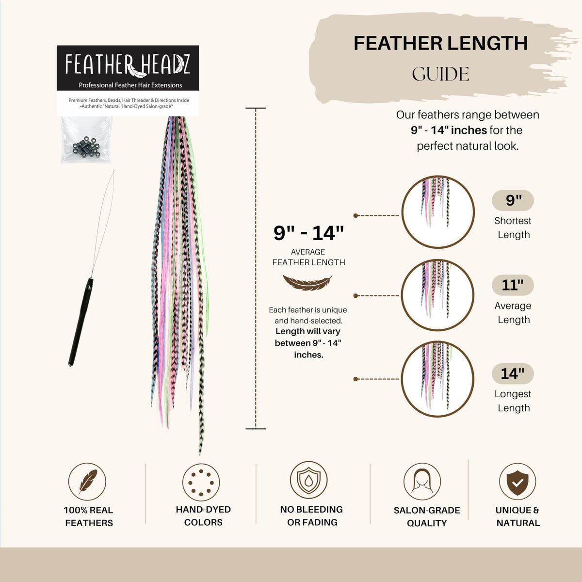 21 natural color hair extensions in various lengths of 9-14 inches. Hand-dyed for unique, salon-grade quality.