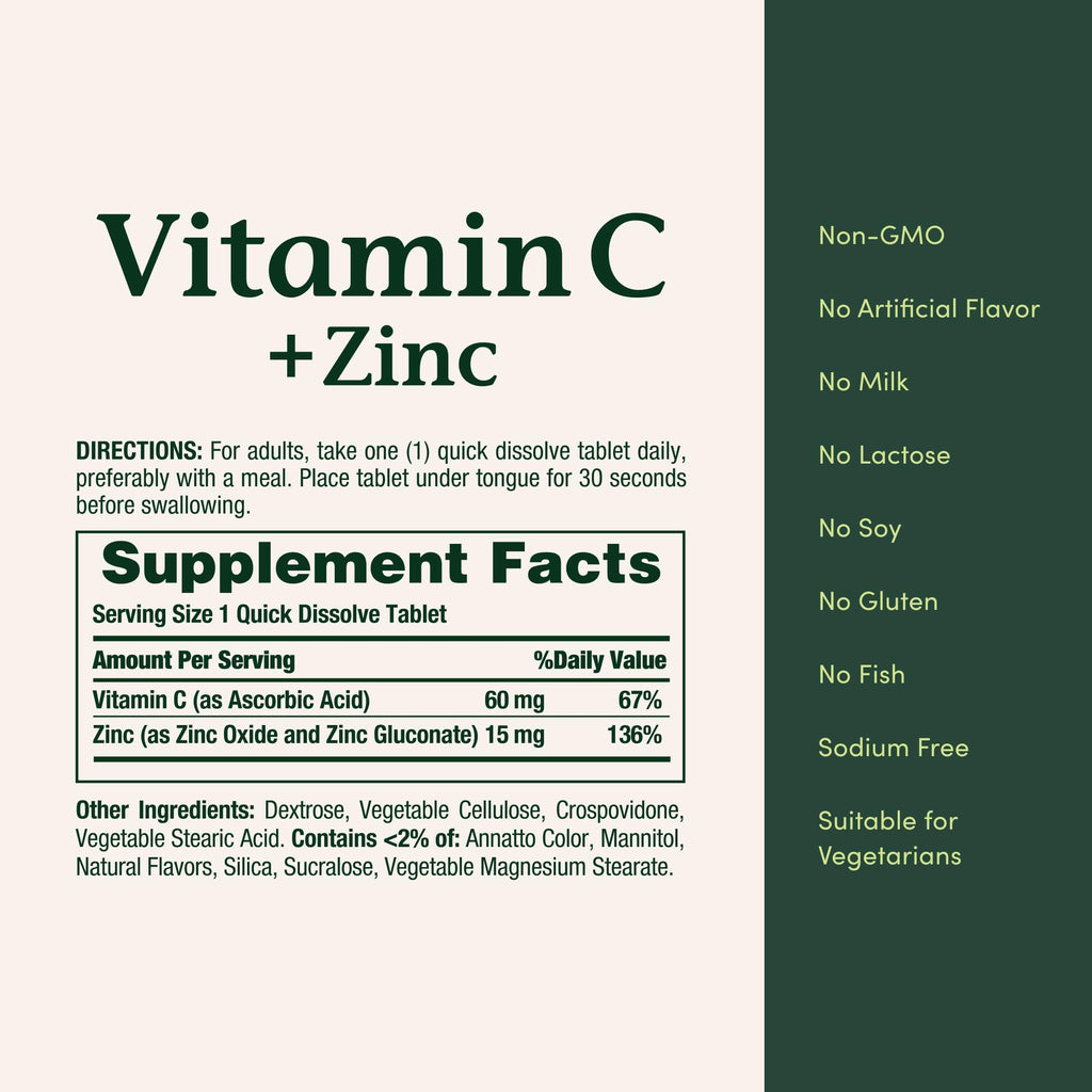 Nature's Bounty Vitamin C + Zinc, Vitamin Supplement, 60mg, 60 Tablets | Supports Immune Health