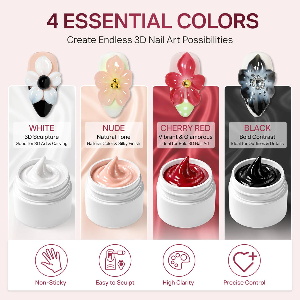 MIZHSE 3D Sculpting Gel set features 4 vibrant colors, ideal for detailed nail art. Non-sticky and easy to sculpt.