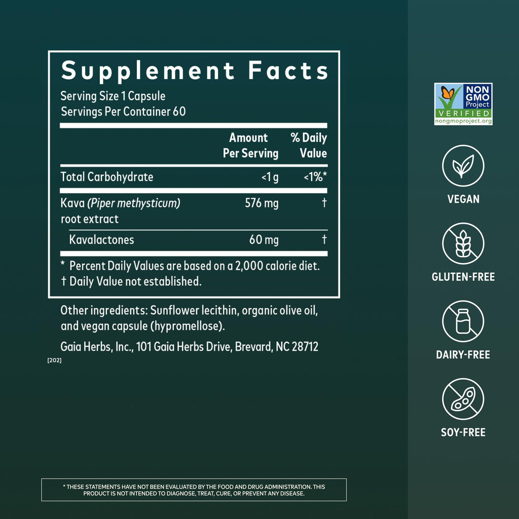 Gaia Herbs Kava Root, 60 Vegan Capsules, 60 Servings