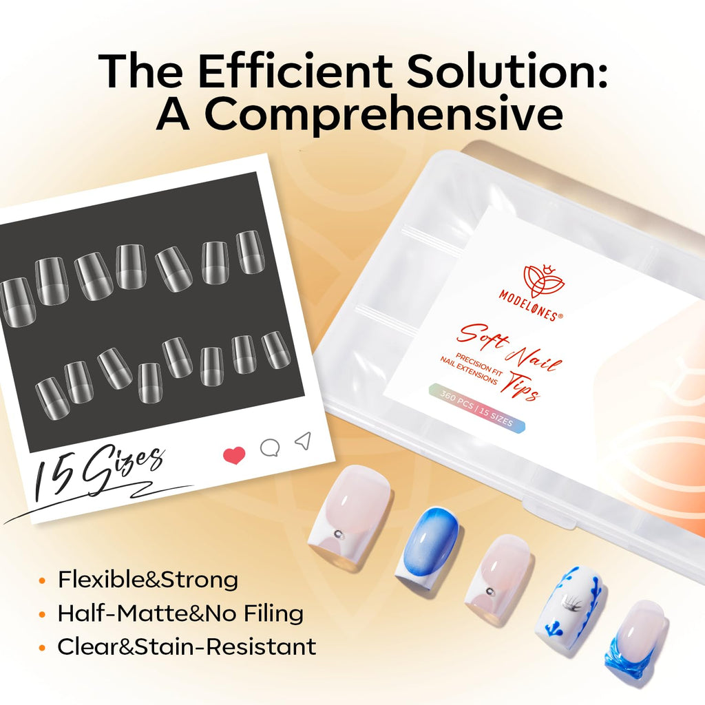 Modelones Short Almond Nail Tips come in 15 sizes, featuring flexible, stain-resistant design. Verified by CuratCart for quality.