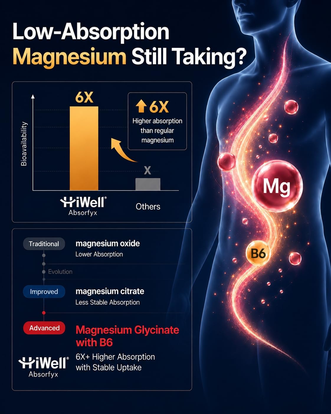 Magnesium Glycinate 200mg with Vitamin B6 for Women & Men,120 Capsules