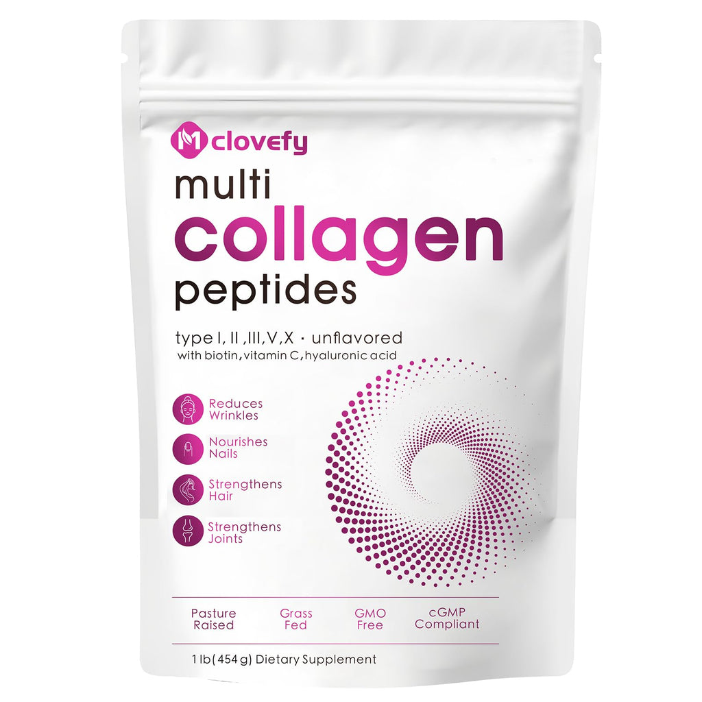 Multi Collagen Peptides Powder, Unflavored, 1lb (41 Servings) | Hydrolyzed Type I, II, III, V, X Collagen with Hyaluronic Acid, Biotin & Vitamin C, Easily Mixes in Drinks