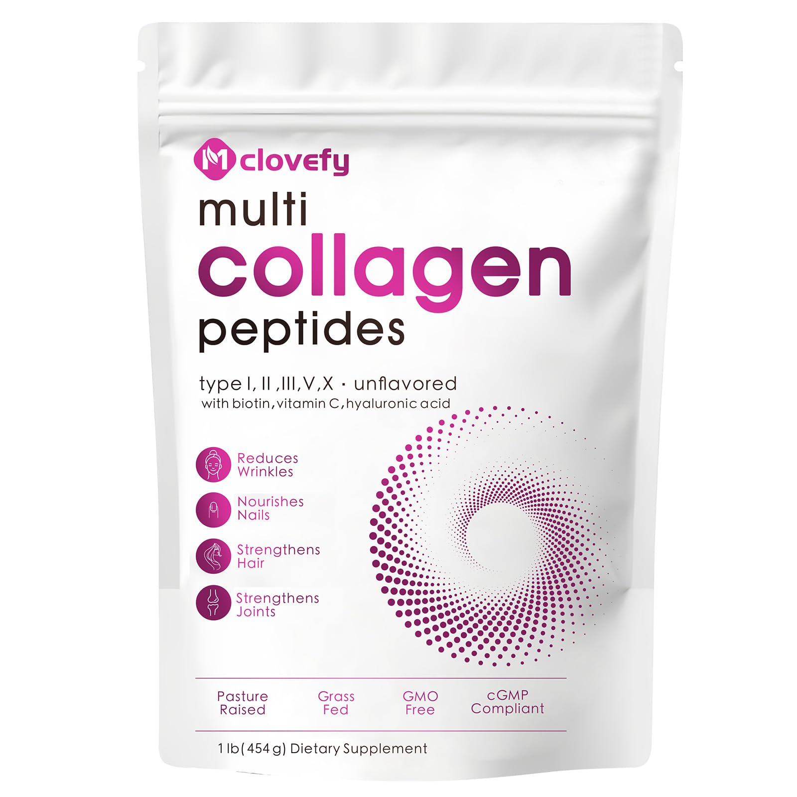 Multi Collagen Peptides Powder, Unflavored, 1lb (41 Servings) | Hydrolyzed Type I, II, III, V, X Collagen with Hyaluronic Acid, Biotin & Vitamin C, Easily Mixes in Drinks