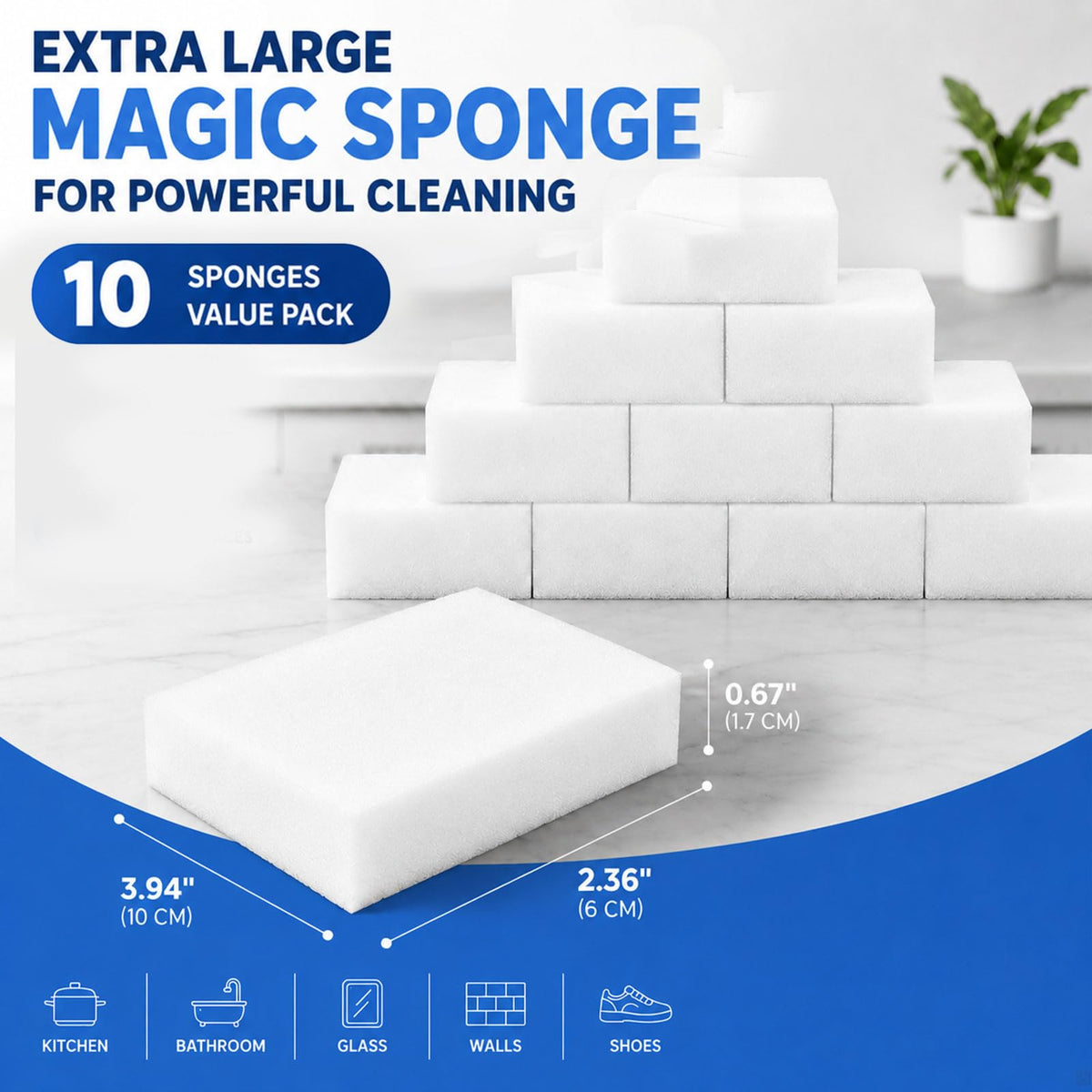 Magic Sponge - Heavy Duty Melamine Cleaning Sponge for Kitchen, Bathroom, Wall, Furniture - Non Scratch Multi Surface Cleaner (Milky White, 10 Pack 3.93“x2.36”x0.37)