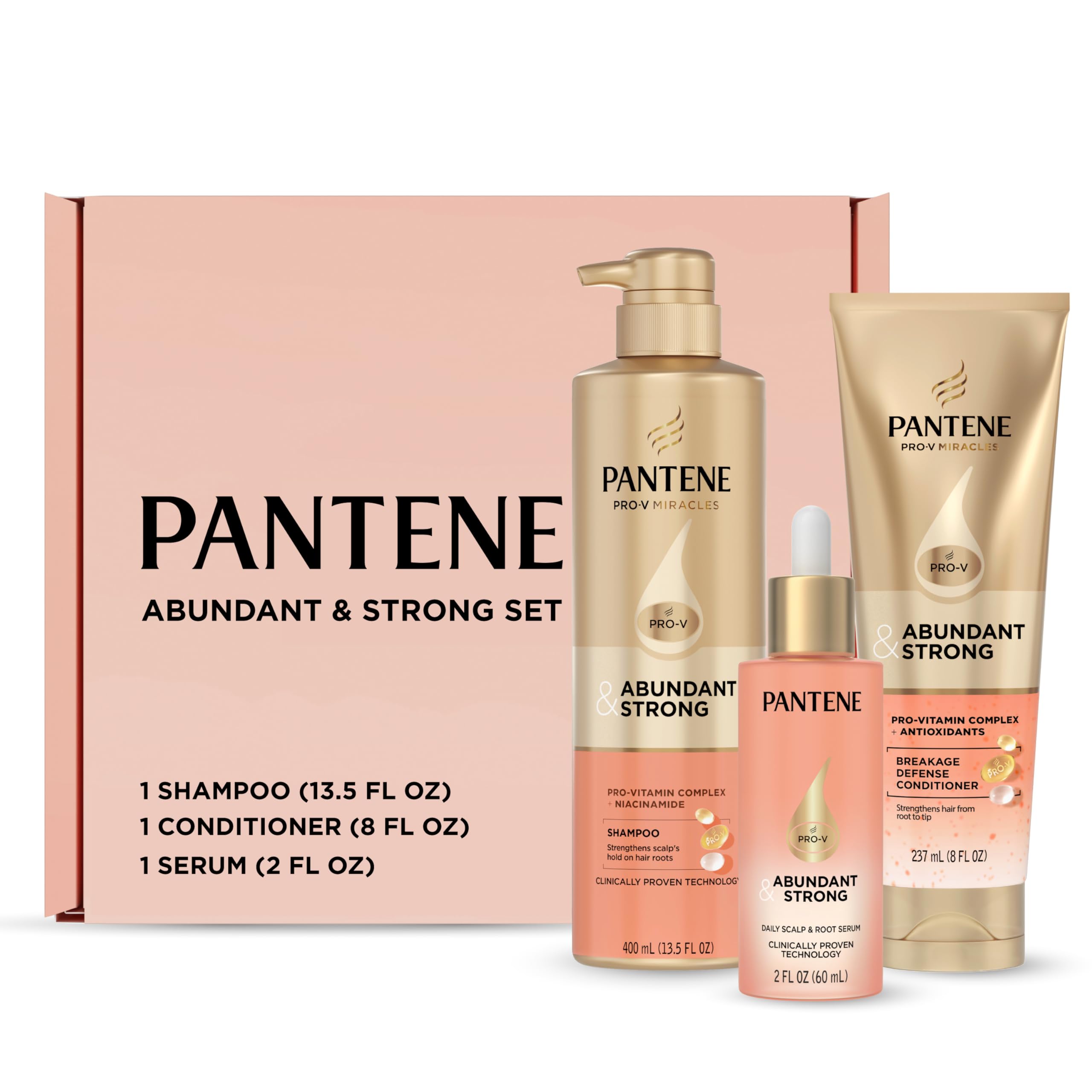 Pantene Abundant & Strong 3-Piece Regimen with B5 Complex + Niacinamide, Shampoo (13.5 oz), Conditioner (8 oz), Serum (2 oz) for Hair Loss, Thinning, Anti-Breakage, Volume - Grows Healthier