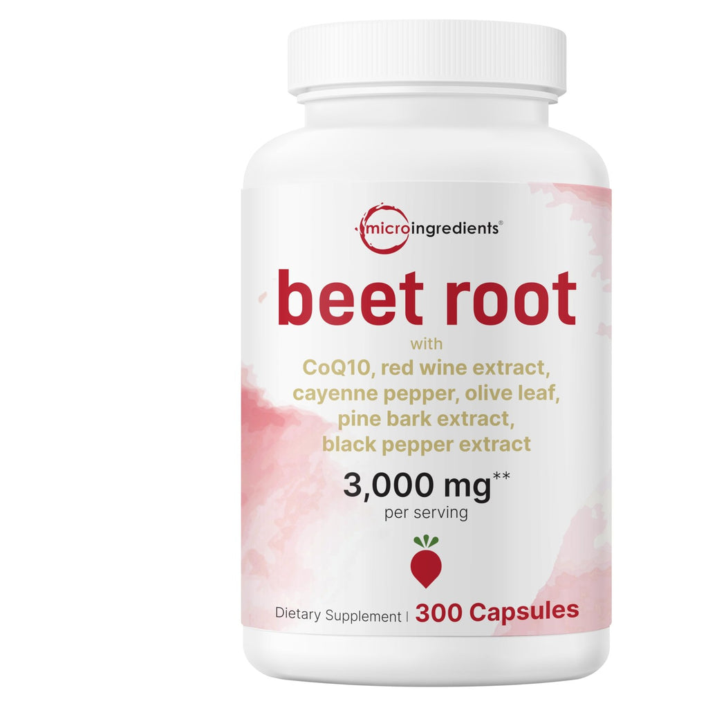 Micro Ingredients Beet Root Capsules 3,000 mg** Per Serving, 300 Capsules | Nitric Oxide Supplement | 7‑in‑1 Beet Root Complex with CoQ10, Black Pepper & Botanical Extracts | Non-GMO