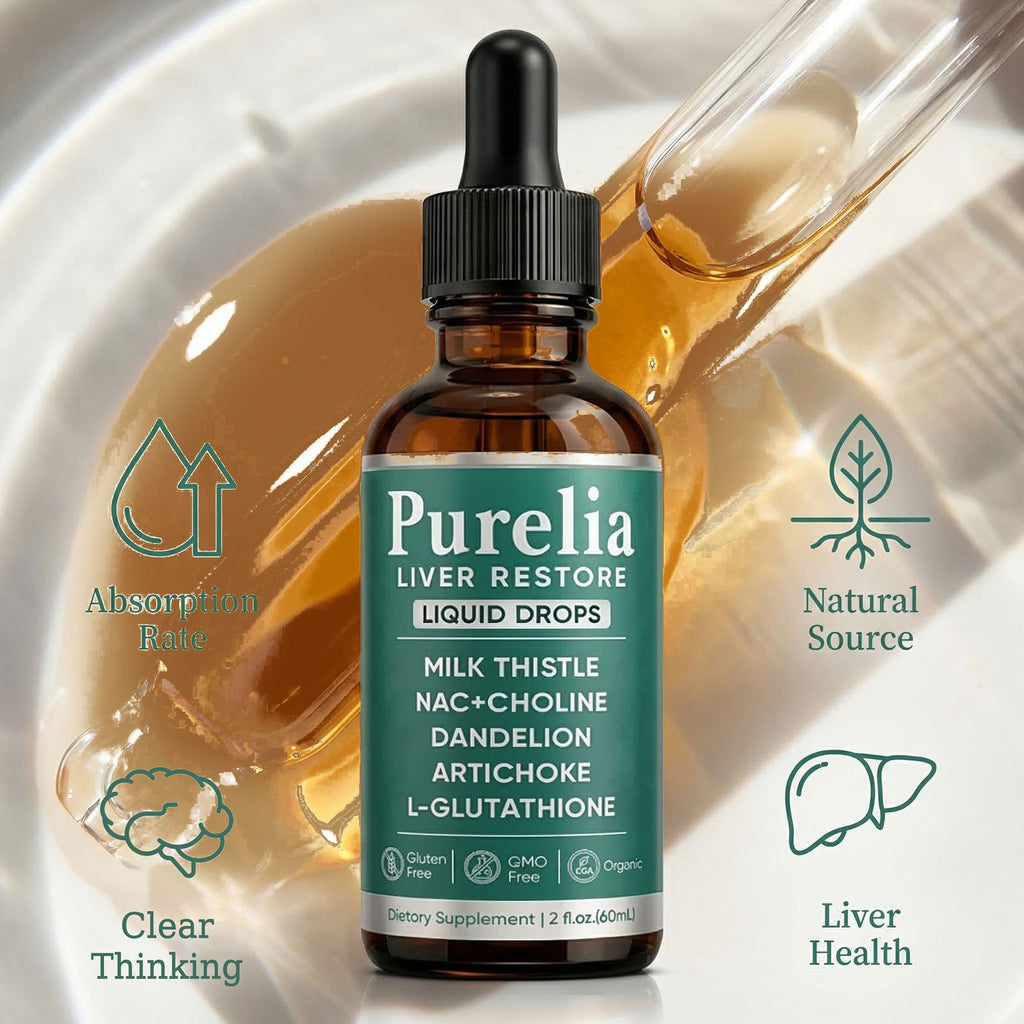 Purelia Liver Restore Drops – Complete Liver Detox Support Supplement with Milk Thistle, Dandelion & L-Glutathione for Liver Cleanse & Digestion Aid Health, 2 Fl Oz (1)