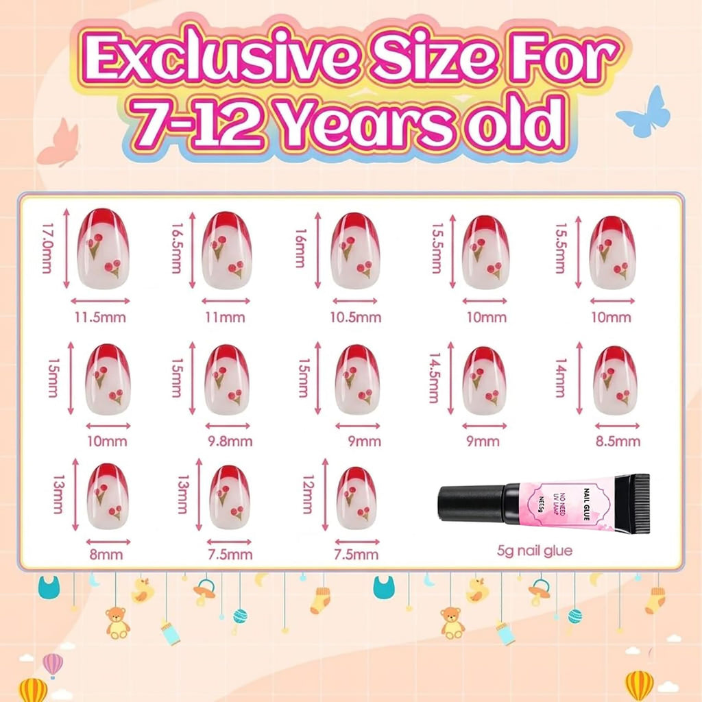 Authentic Plauva 26-piece French tip press-on nails set with sizes for ages 7-12, includes 5g nail glue.