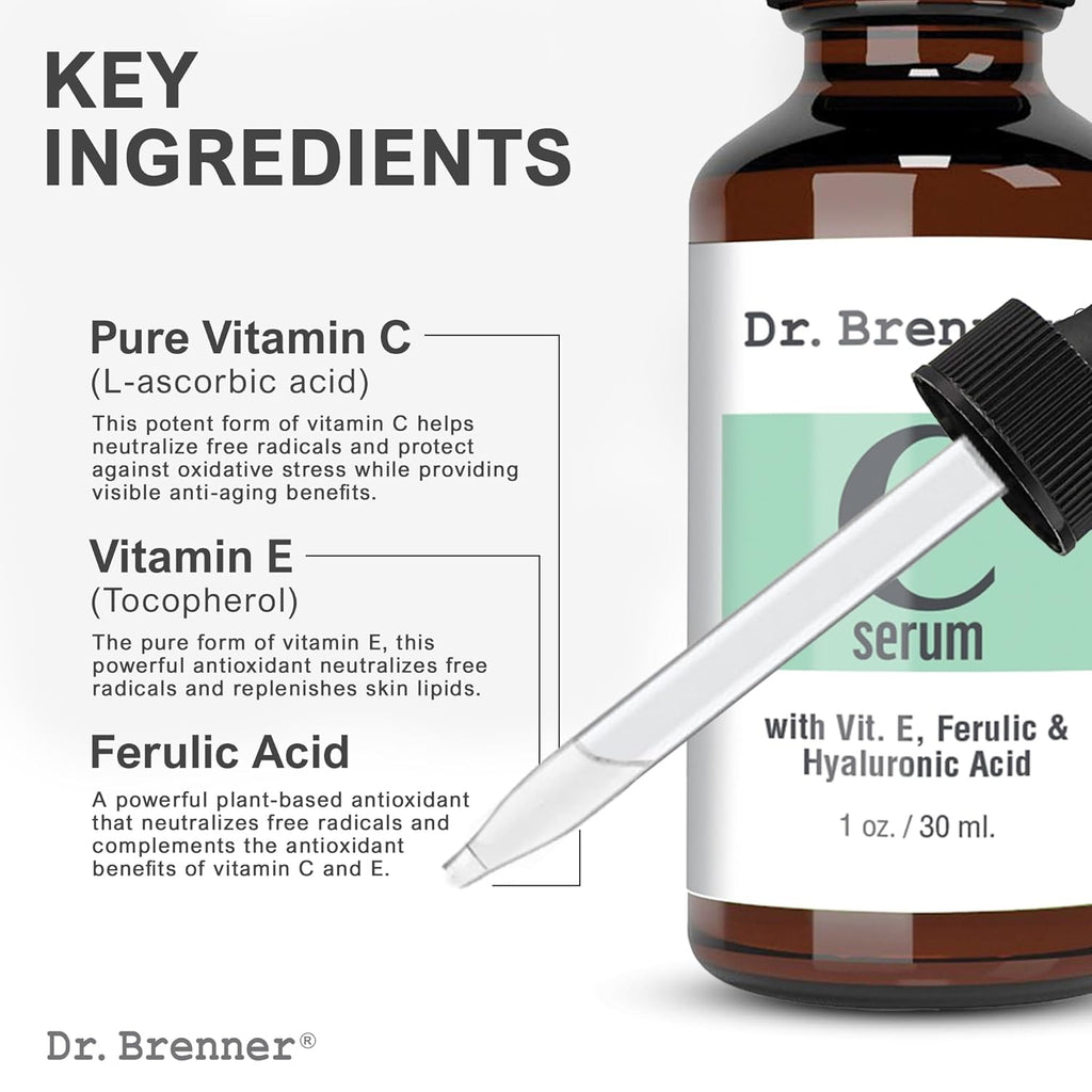 Buy now Vitamin C Serum 20% Pure L-Ascorbic Acid, Ferulic Acid, Vitamin E and Hyaluronic Acid for Face and Eyes Natural Anti Aging Anti Wrinkle 1oz. by Dr. Brenner at indiglob india