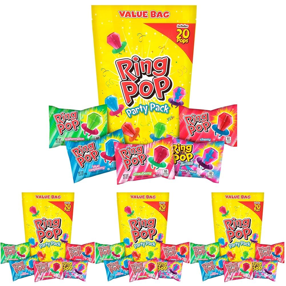 Buy now Ring Pop Candy, Valentine's Lollipops, 20 Ct Party Favors in Assorted Fruity Flavors - Full Size, Fun Hard Candy For Birthday Parties, Valentine's Gifts, Goodie Bags, Party Favors 20 Count Bag (Pack of 4) at indiglob india