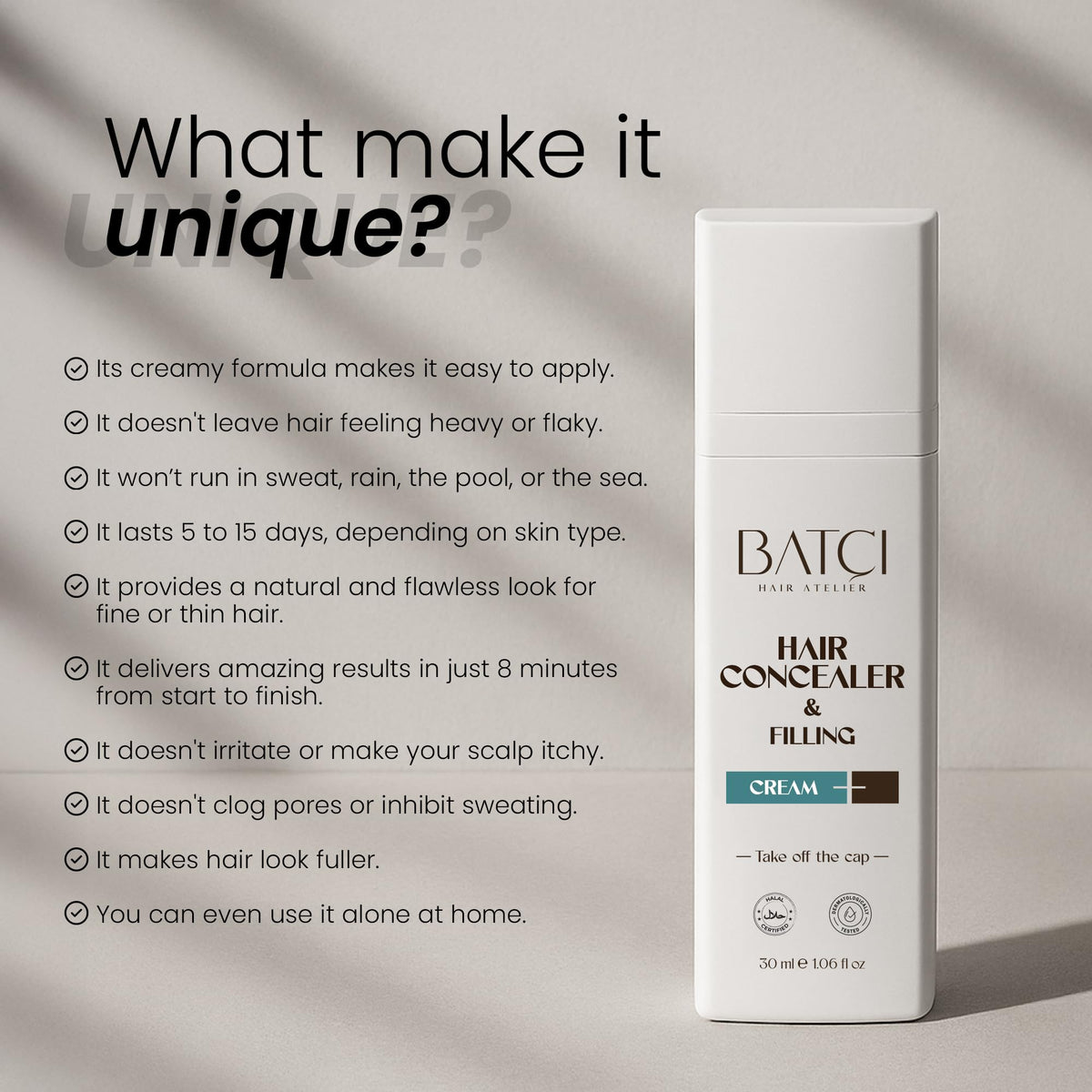 Batci Hair Concealer Cream for Thinning Hair & Bald Spots - Non-Fiber Scalp Concealer Root Touch-Up for Men & Women, Sweat/Water Resistant, One Shade for Black Brown & Grey Hair 1 fl oz (30ml)