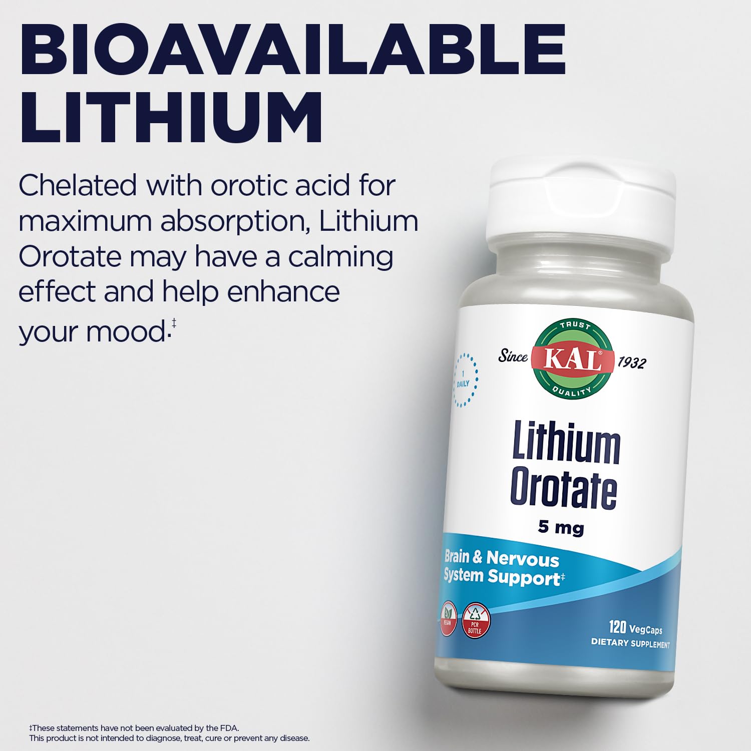 KAL Lithium Orotate 5 mg, 120 VegCaps | Mood & General Wellness Support, Highly Bioavailable Low Dose Lithium Supplement, 120 Servings, Vegan & Lab Verified