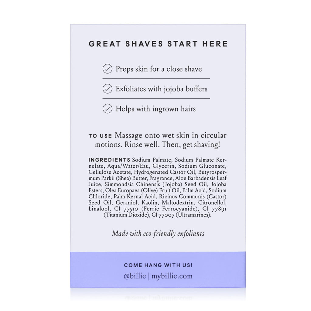 Billie Body Buffer, Pre-shave Body Exfoliator Bar, 3.5 oz | Pre shave exfoliator, hydrating and soothing aloe and shea butter, Jojoba and castor oil beads, Sensitive skin