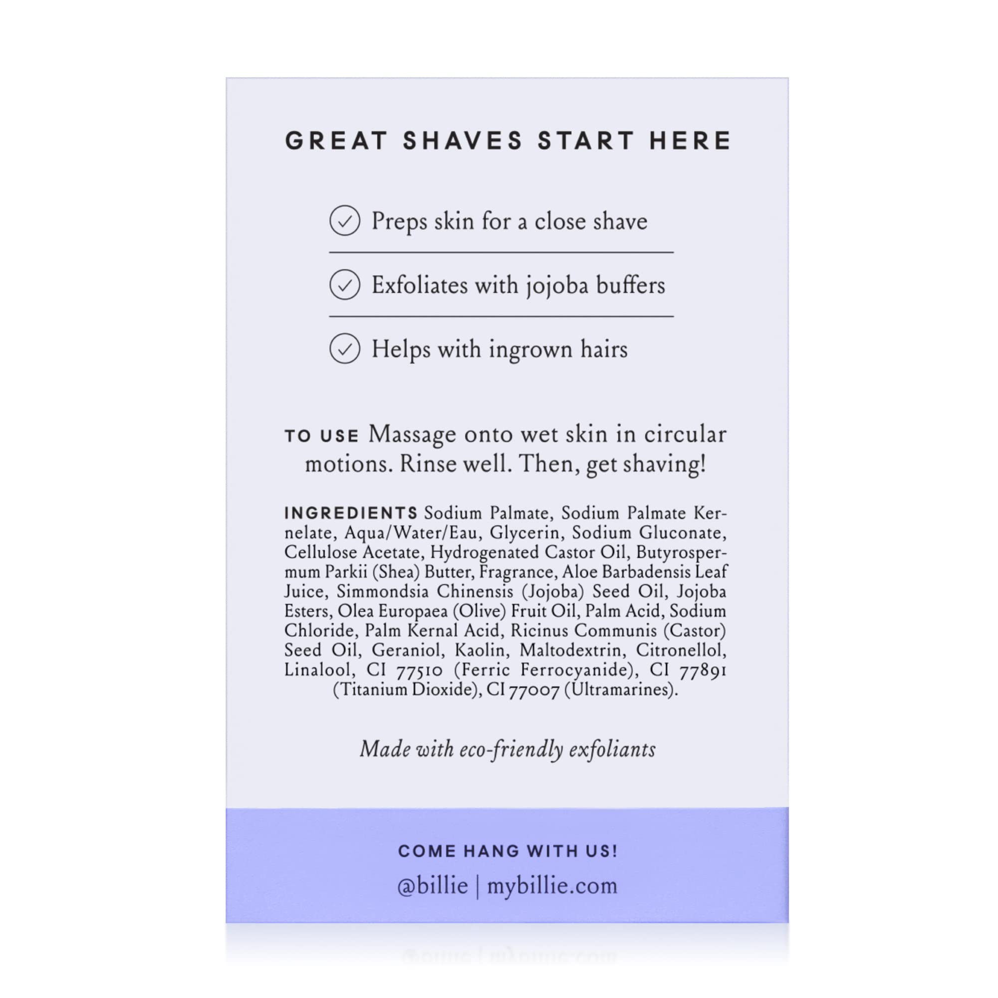 Billie Body Buffer, Pre-shave Body Exfoliator Bar, 3.5 oz | Pre shave exfoliator, hydrating and soothing aloe and shea butter, Jojoba and castor oil beads, Sensitive skin