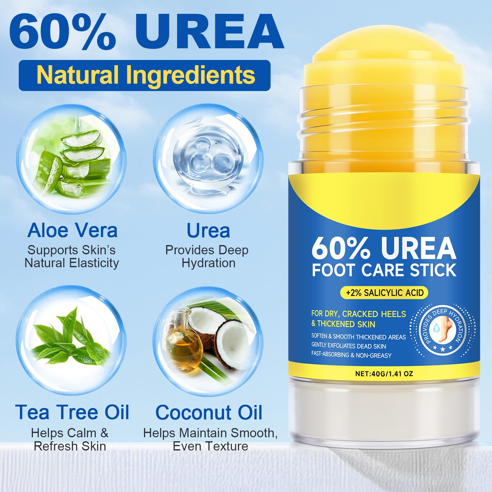 60% Urea with 2% Salicylic Acid Urea Foot Care Stick, Foot Cream Moisturizer for Dry Cracked Feet, Knees, Elbows, Hands,Moisturizes and Hydrates the Dry Skin,Callus Remover & Skin Softener -1.41oz