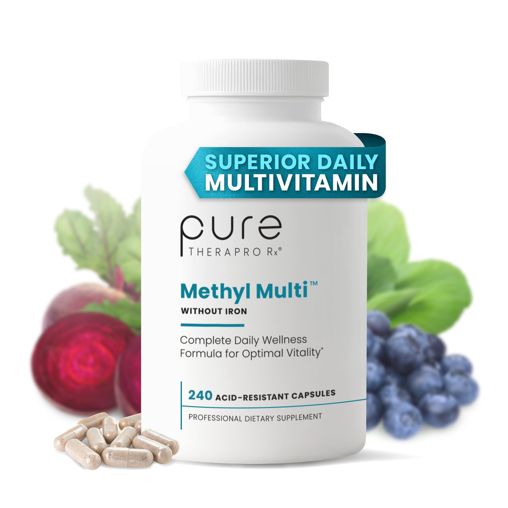 Pure Therapro Rx Methyl Multi Without Iron, Multivitamin, 120 Capsules | Daily Multivitamin with Vitamin C, B12, A, Methyl B12 & Methylfolate, For Men & Women, Made in USA, 60 Servings