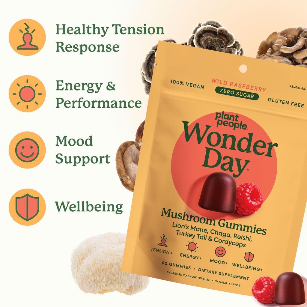 Plant People WonderDay Mushroom Gummies for Energy, Raspberry, 60ct | Chaga Mushroom Supplement to Support Immune System De-Stress Boost Mood & Energy in Adults Natural, Vegan, Non-GMO