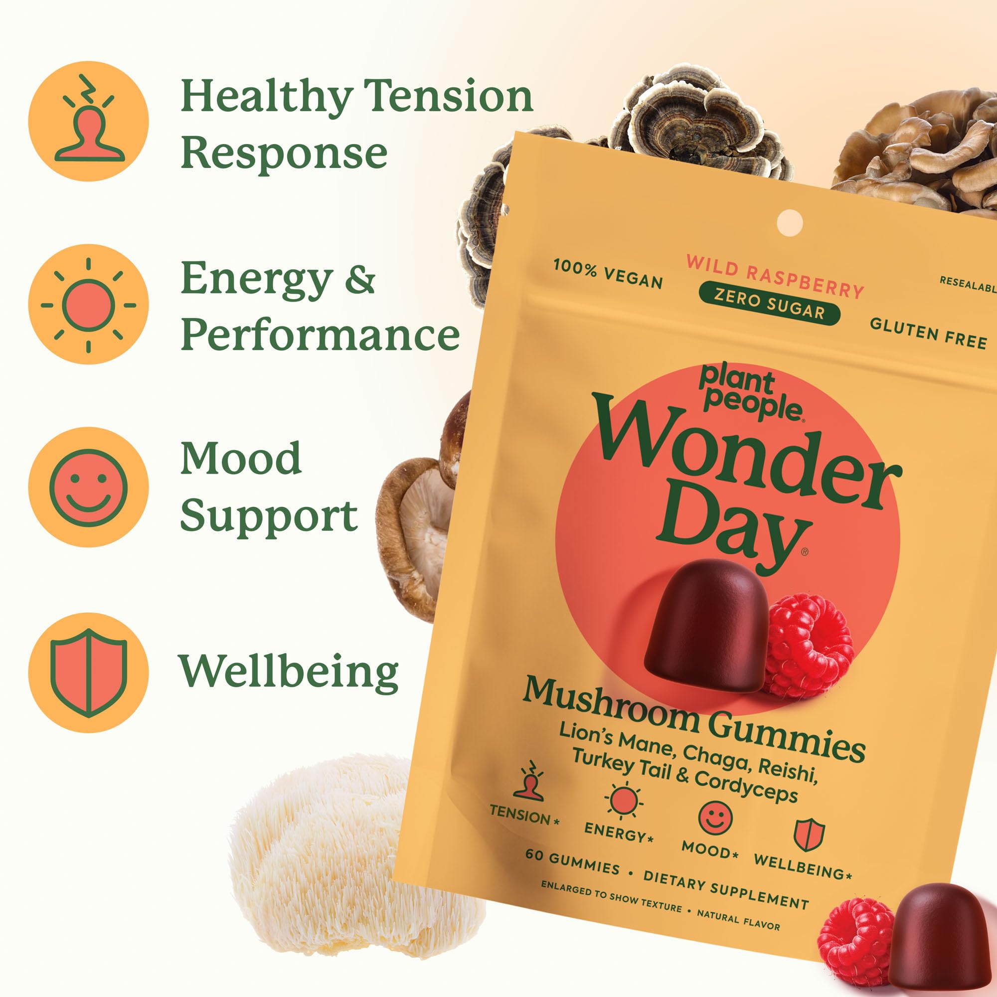 Plant People WonderDay Mushroom Gummies for Energy, Raspberry, 60ct | Chaga Mushroom Supplement to Support Immune System De-Stress Boost Mood & Energy in Adults Natural, Vegan, Non-GMO