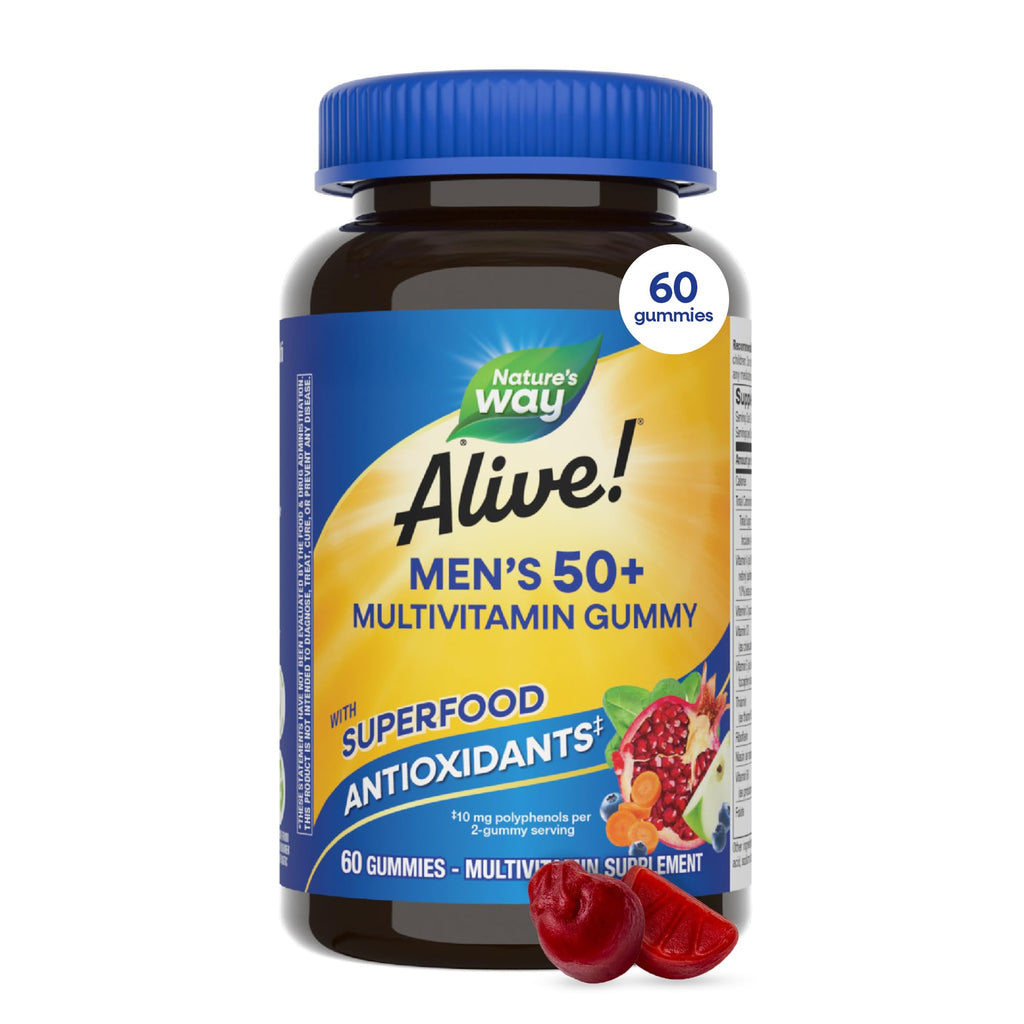 Nature's Way Alive! Men’s 50 Plus Multivitamin Gummy, Fruit-Flavored, 60 ct | Daily Chewable Multivitamins for Men with B-Vitamins, Vitamin D3 & Zinc, Supports Heart, Eye & Energy Metabolism,*