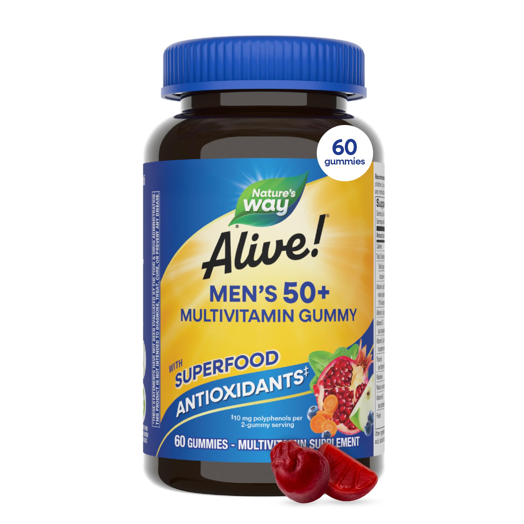 Nature's Way Alive! Men’s 50 Plus Multivitamin Gummy, Fruit-Flavored, 60 ct | Daily Chewable Multivitamins for Men with B-Vitamins, Vitamin D3 & Zinc, Supports Heart, Eye & Energy Metabolism,*