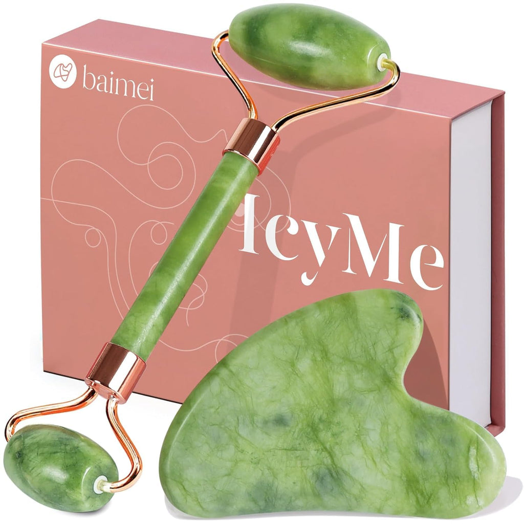 BAIMEI IcyMe Gua Sha & Jade Roller Set for Facial Sculpting and Relaxation | Cooling Face Roller & Guasha Tool for Face Depuffing & Jawline Definition, Beauty Skin Care Tool Gifts for Women–Green