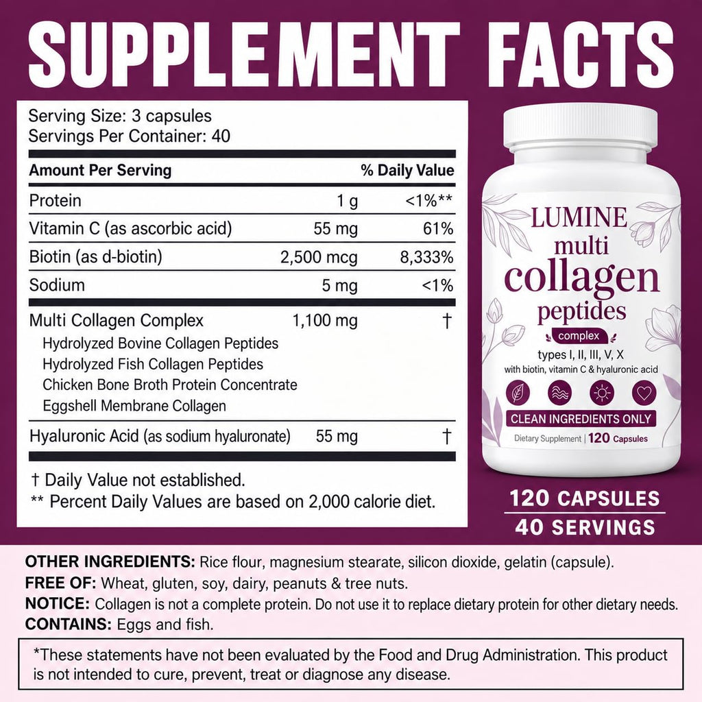 LUMINE Multi Collagen Complex Capsules, Collagen Peptides, Non-GMO Ingredients,Free from Gluten and Soy. Vegan-Friendly, 120Capsules / 60 Servings