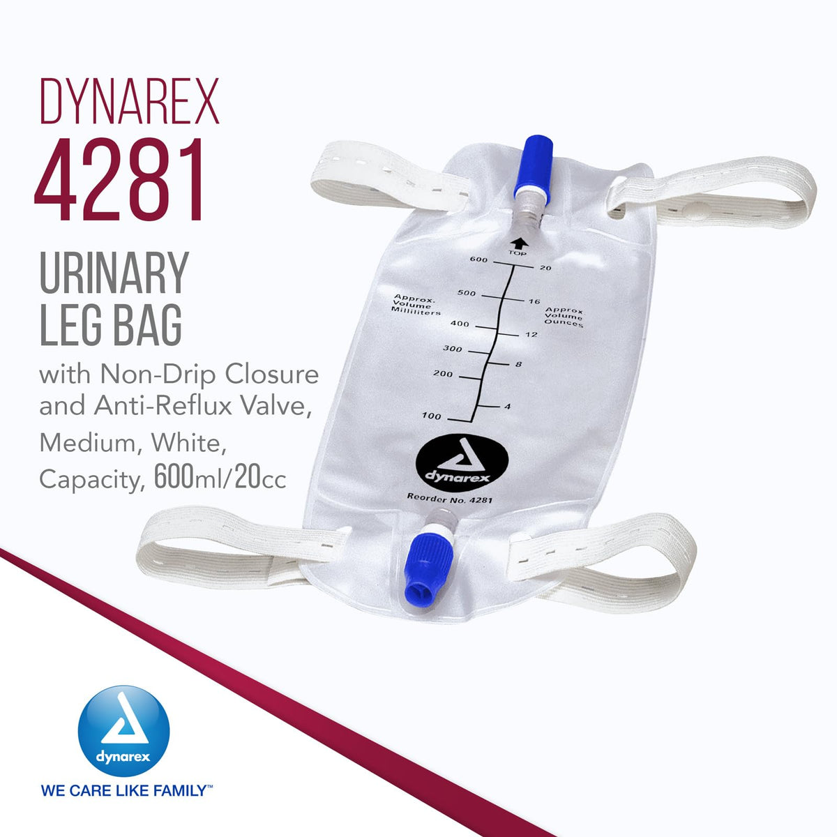 Dynarex Urinary Leg Bag, for Use with Catheter, has a Non-Drip Closure & Anti-Reflux Valve, 600 ml/20 oz Capacity, Medium, White, 1 Box of 12 Leg Bags