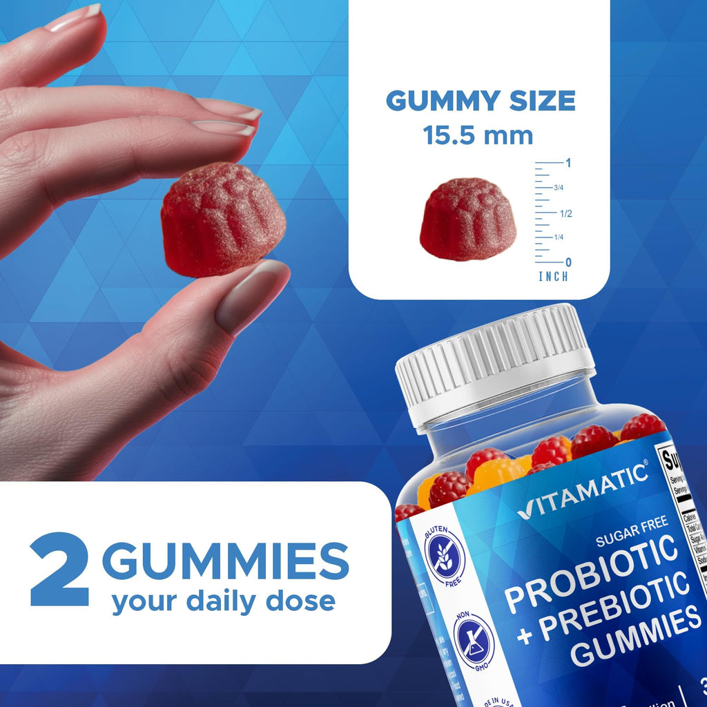 Vitamatic Sugar Free Probiotic + Prebiotic Gummies, 60 Count | 5 Billion CFU Bacillus Coagulans per serving, Support Digestive Health and Gut Flora Balance*, Non-GMO, Made in USA