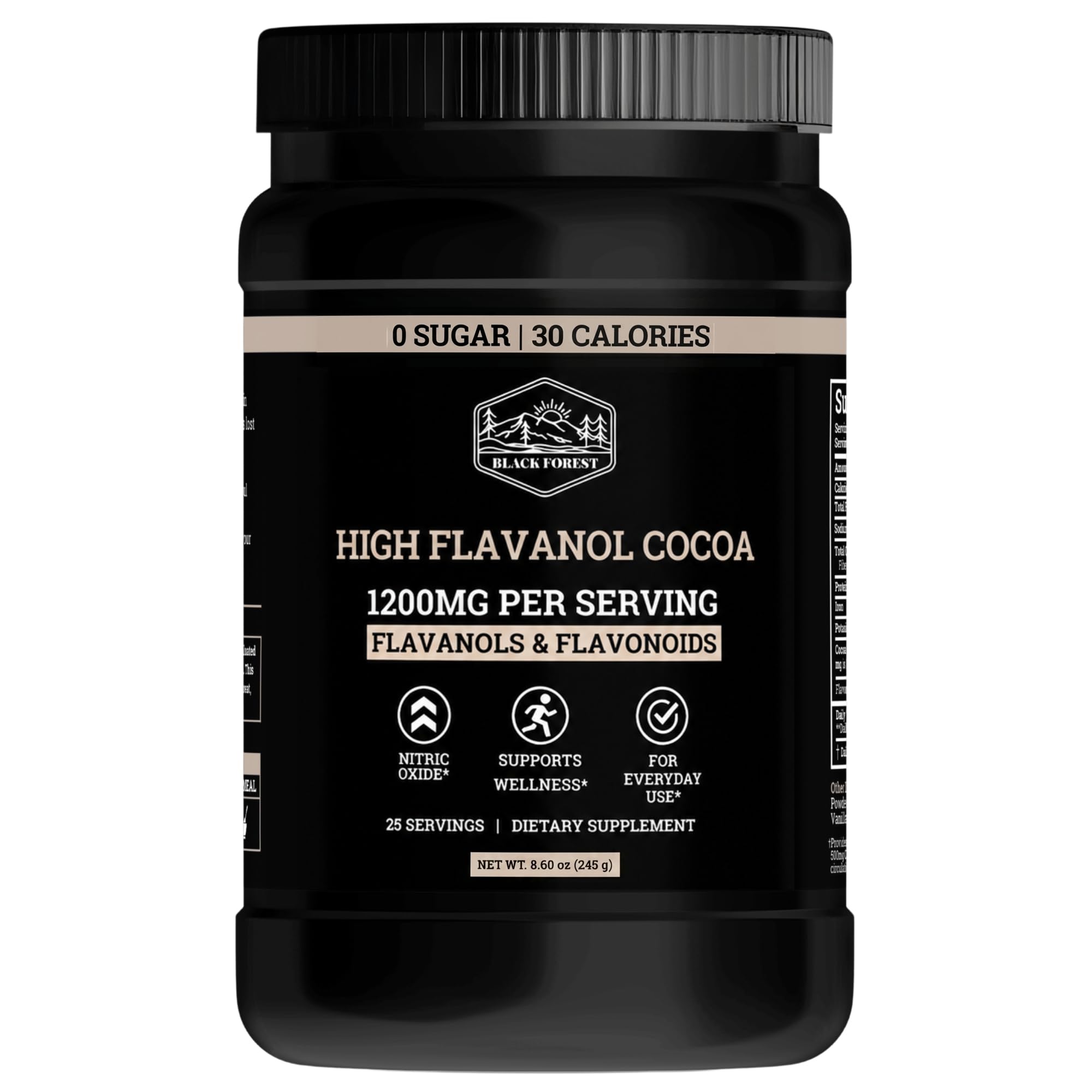 Black Forest High Flavanol Cocoa Powder - 1200mg Flavanols & Flavonoids with 600mg Epicatechin - 10X Concentrated Dark Cocoa Extract for Nitric Oxide and Wellness Support - Non-GMO Vegan