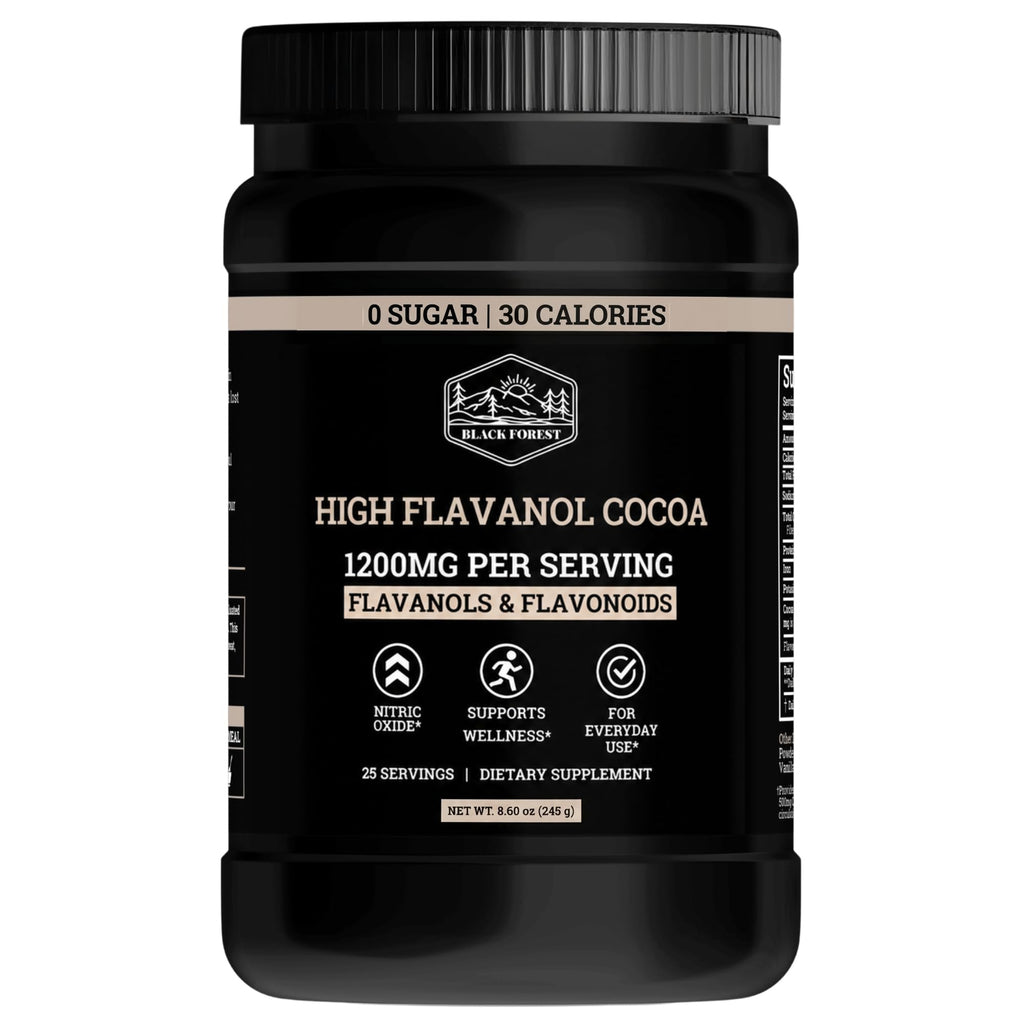 Black Forest High Flavanol Cocoa Powder - 1200mg Flavanols & Flavonoids with 600mg Epicatechin - 10X Concentrated Dark Cocoa Extract for Nitric Oxide and Wellness Support - Non-GMO Vegan