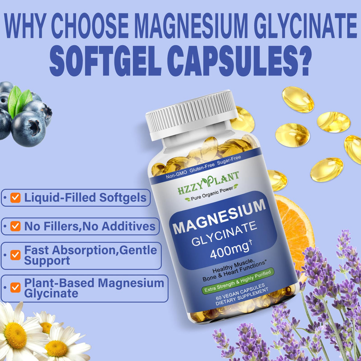 Magnesium Glycinate Softgels, High Absorption Magnesium Glycinate 400mg Supplement for Muscle, Heart, Sleep & Bone Support, Bisglycinate Softgel Capsules Supplement, Vegan, Non-GMO, 2 Month Supply