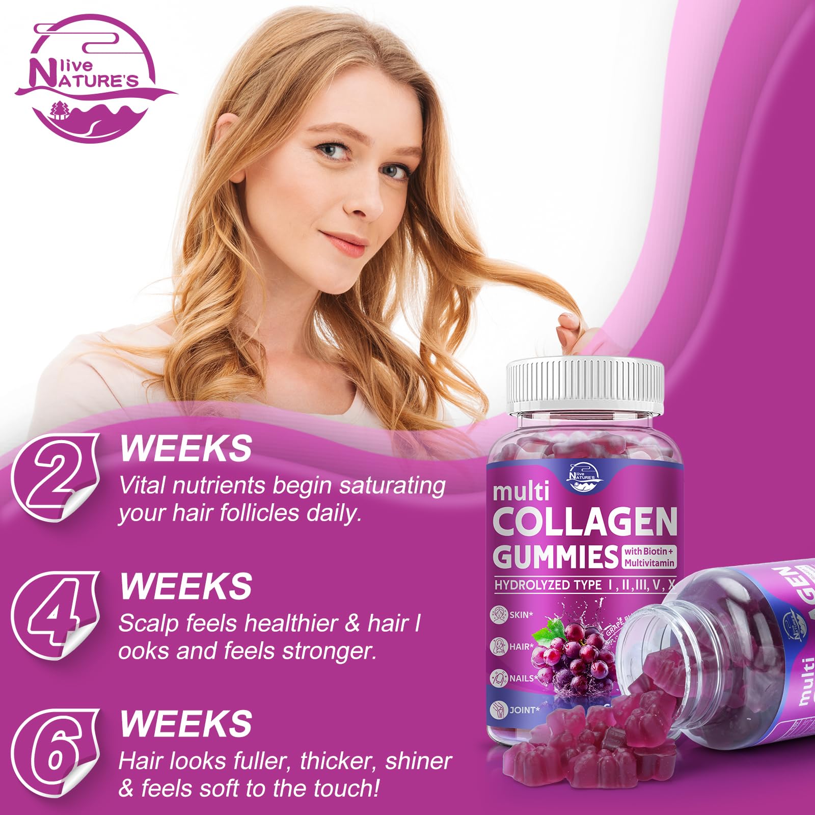 Nature's live Multi Collagen Peptides Gummies, Type I, II, III, V, X | Hydrolyzed Collagen Peptides Gummies, Supports Healthy Skin, Strong Nails & Thick Hair, Grape Blueberry Flavor, 2 Pack