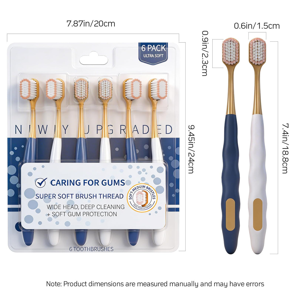 Adult Wide Head Soft Hair Toothbrush, Manual Toothbrush, Excellent Cleaning Effect for Large Head, Ultra Soft Brush Thread Can Gum-Friendly(6 Pack)
