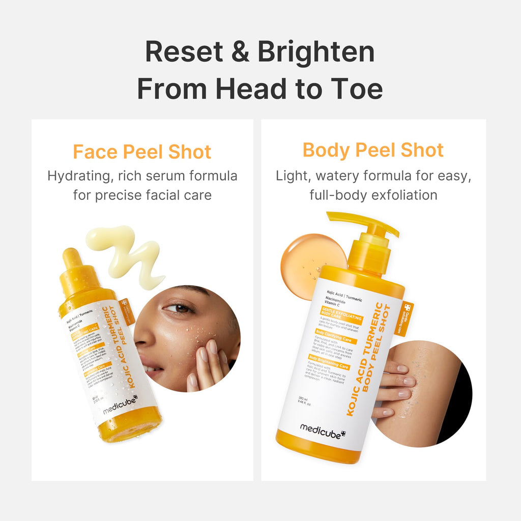 medicube Body Peel Shot with Kojic Acid and Turmeric | Gentle Body Brightening & Exfoliating with BHA LHA PHA - Dead Skin Cells, Uneven Looking Skin & Excess Sebum, 9.46 fl.oz