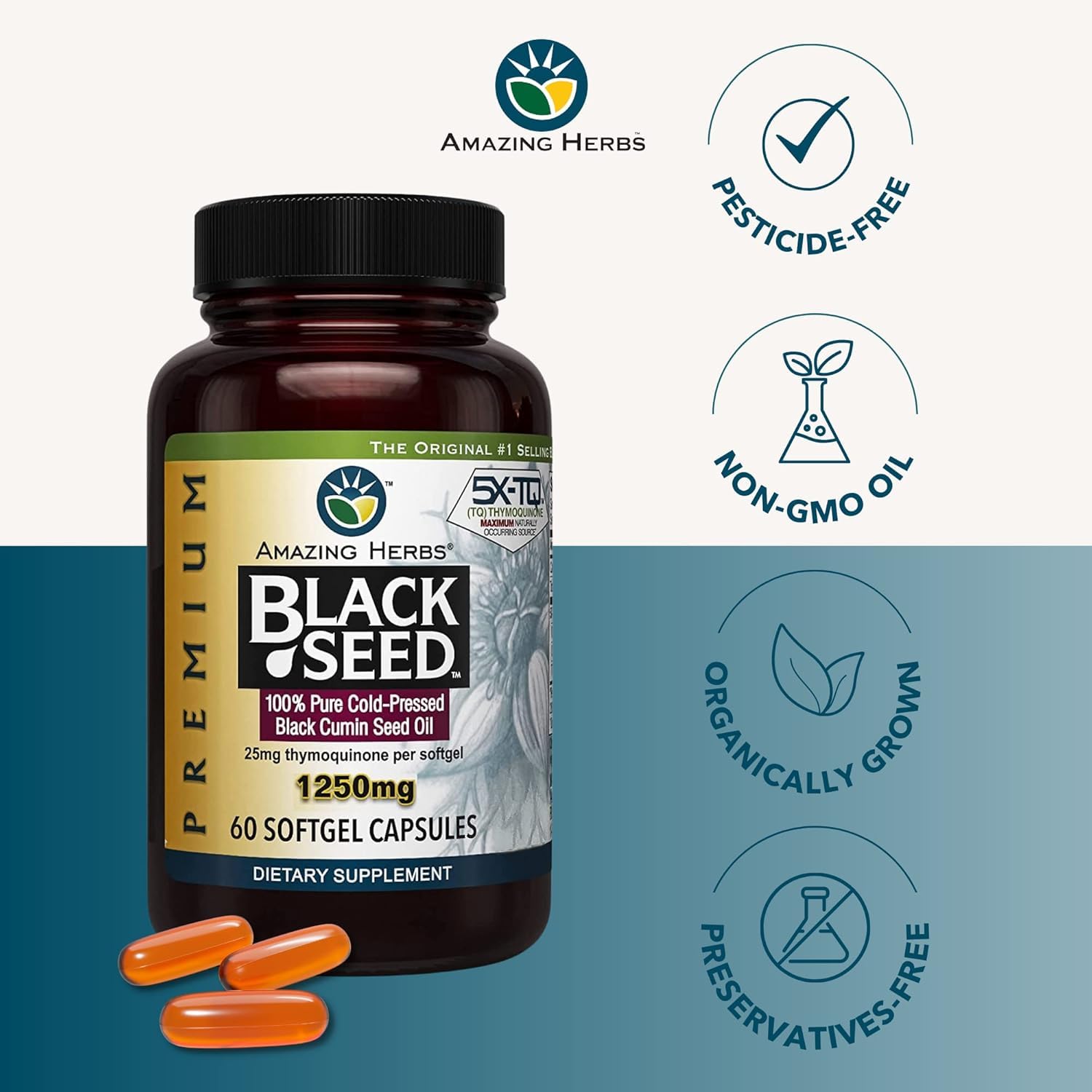 Amazing Herbs Premium Black Seed Oil - 60 Count Softgels, 1250mg | Capsules, Pressed Nigella Sativa for Women & Men, Aids in Digestive Health, Normal Immune & Brain Support
