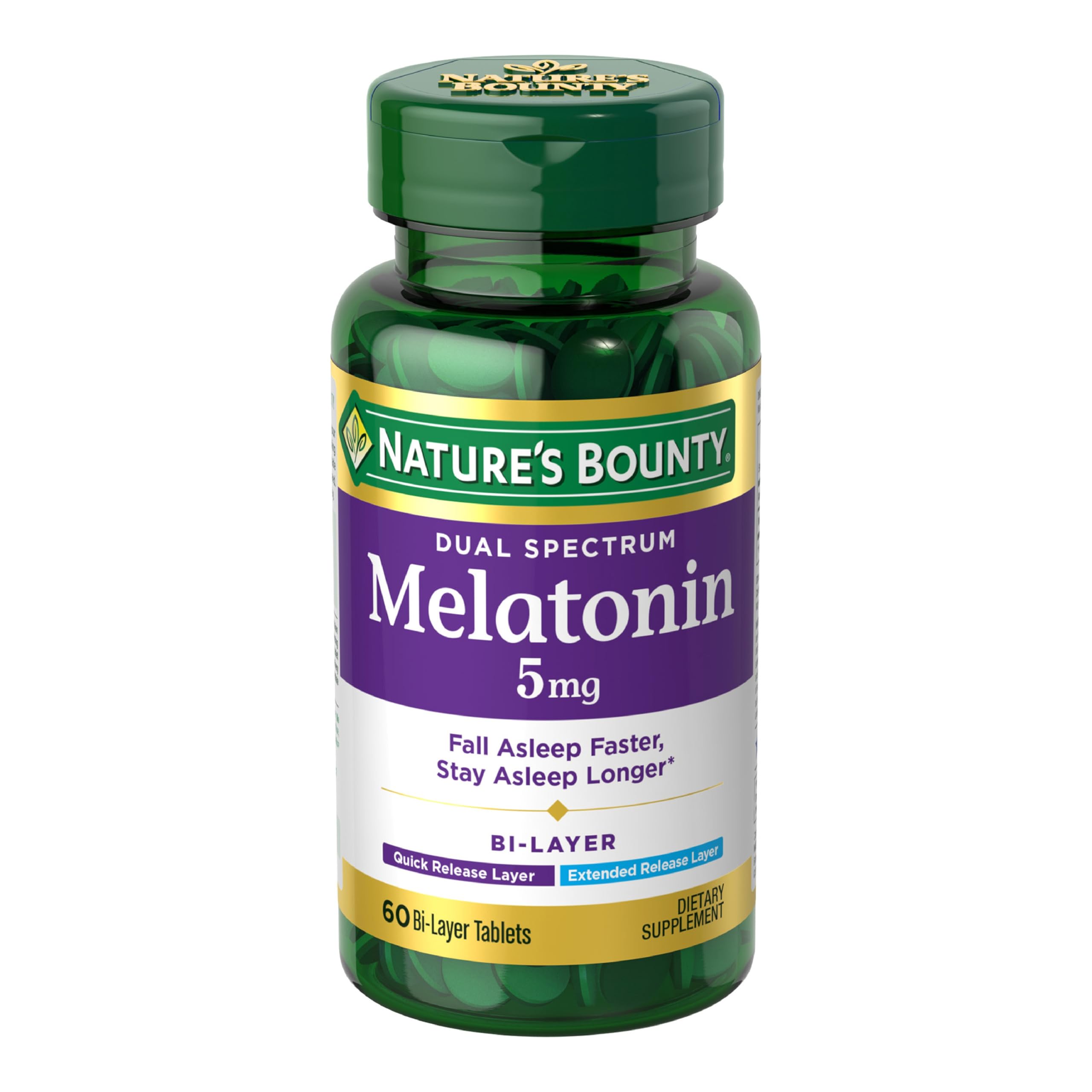 Nature's Bounty Melatonin 5mg Dual Spectrum, 100% Drug Free Sleep Supplement, Quick Release and Extended Release, Promotes Relaxation and Sleep Health, 60 Bi-Layer Tablets (Pack of 2)