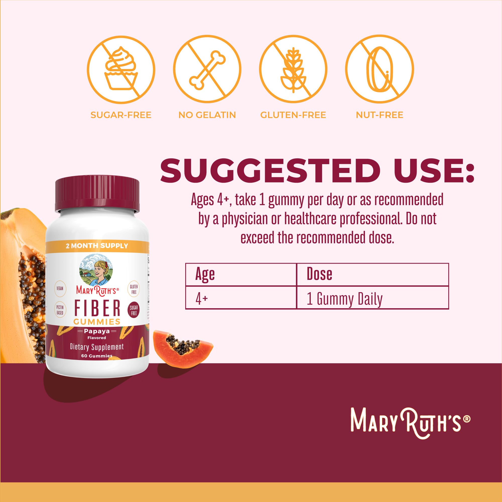 MARYRUTH'S Fiber Gummies for Adults, Sugar Free, 60 Count, 2 Month Supply | Soluble Fiber Supplement, Gut Health & Digestion Support, 3g Fiber per Gummy, Vegan