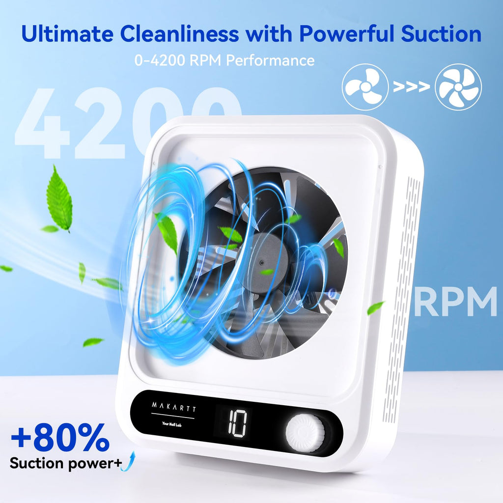 Makartt Nail Dust Collector - 4200 RPM Adjustable Speed Digital Display | Strong Suction Nail Dust Vacuum Digital Display, Reusable Filter, Compact for Home Salon Use White