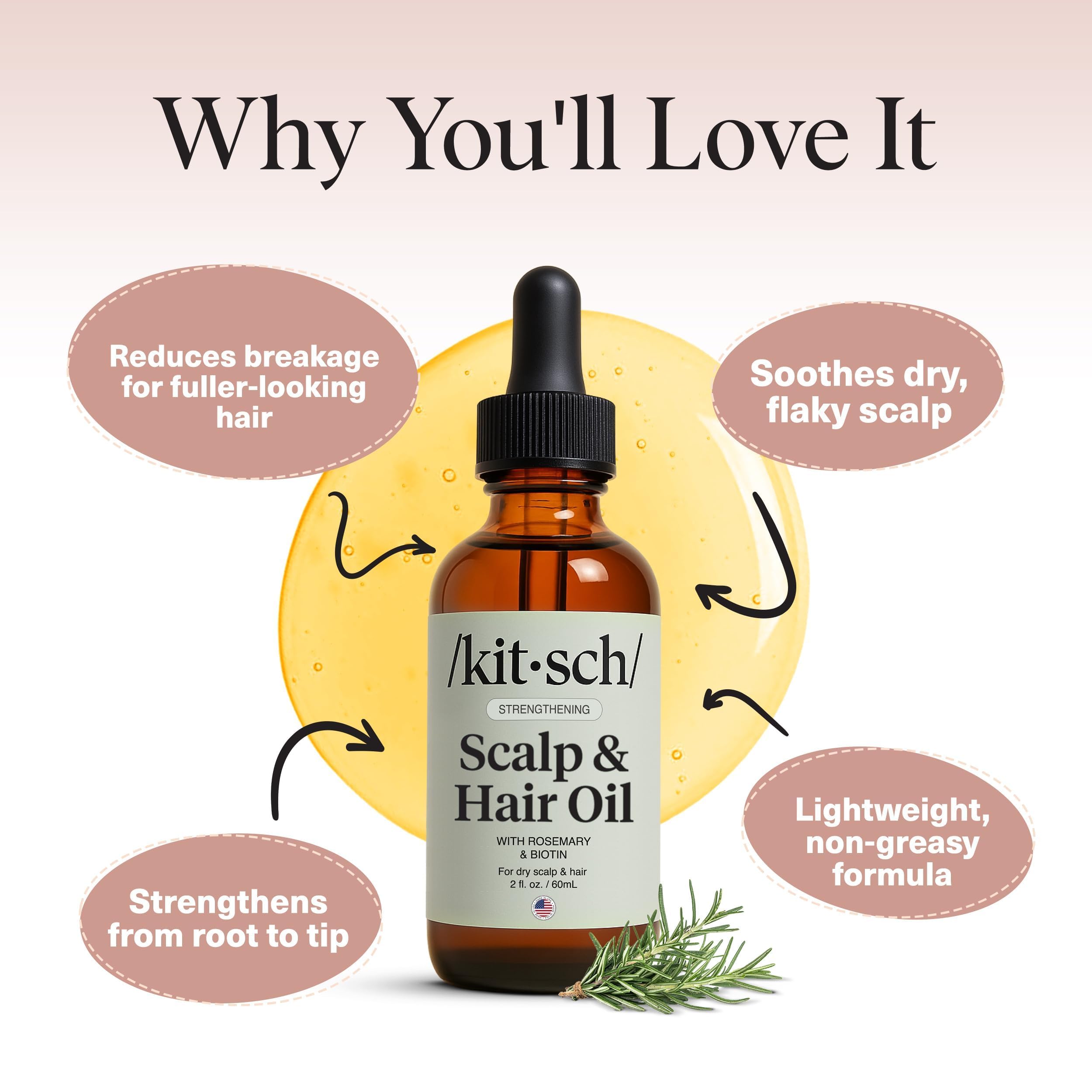 Kitsch Rosemary Oil for Hair Growth -With Castor Oil, Biotin & Jojoba- 60mL | Pre-Wash Hair Oil For Hair Care – Adds Shine, Strengthens Roots, Scalp Treatment – Lavender Scent